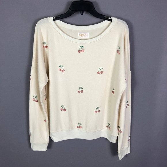 Beach Riot Cherry Sweatshirt Cream Red Rhinestones Sweater Sz Medium - Picture 2 of 9
